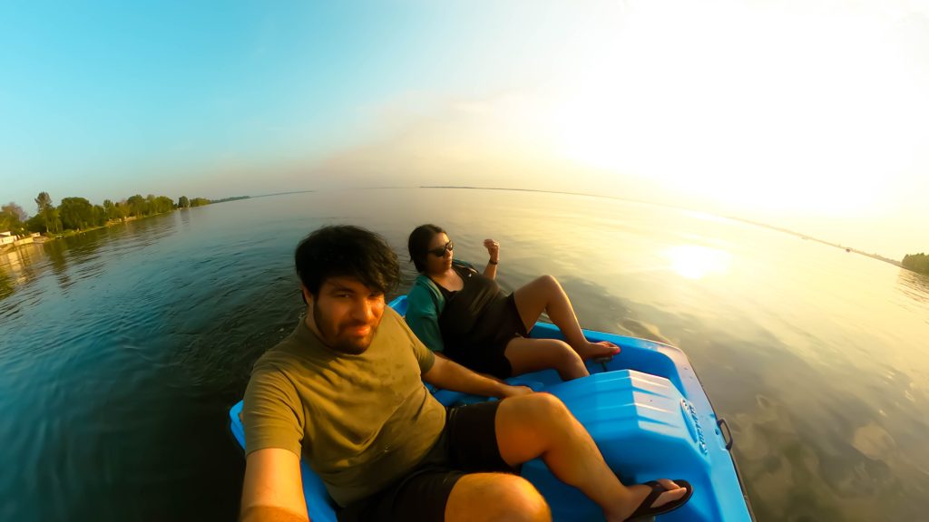 Cruising the shoreline of Lake Champlain in our pedal boat