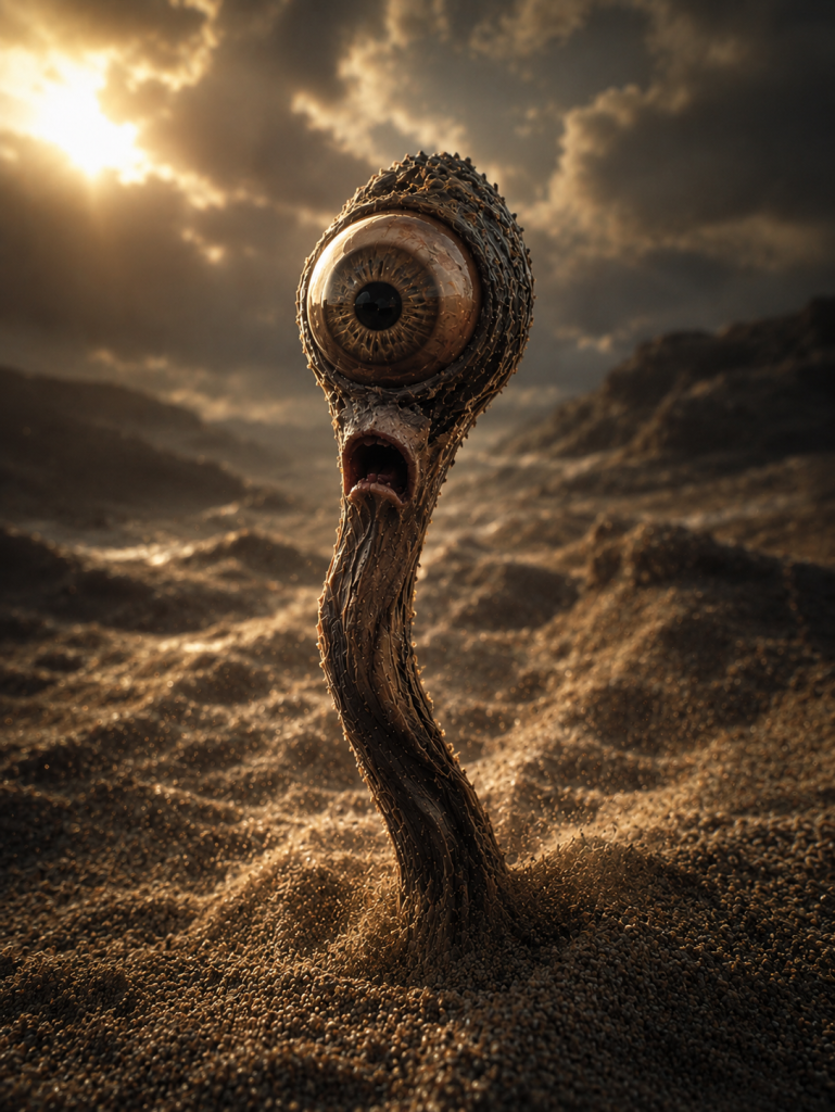 one eyed alien in the sand